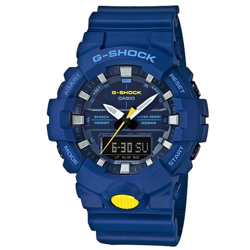 【CASIO 卡西歐】G-SHOCK 活潑撞色 運動雙顯男錶 樹脂錶帶 藍X螢光黃 防水200米(GA-800SC-2A)