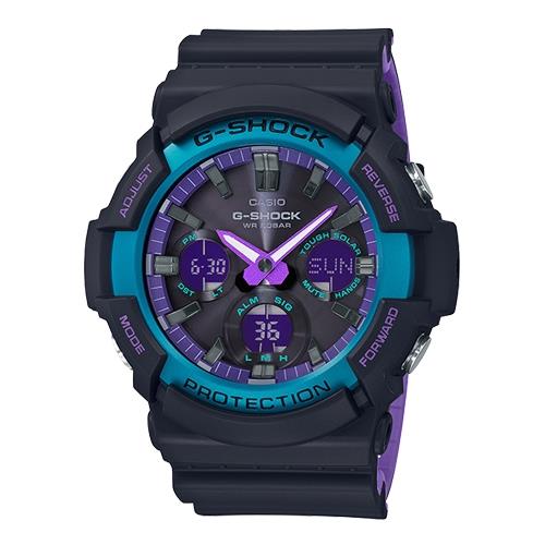 【CASIO 卡西歐】G-SHOCK復古霓虹雙顯錶 樹脂錶帶 太陽能 霓虹紫 防水200米(GAS-100BL-1A)