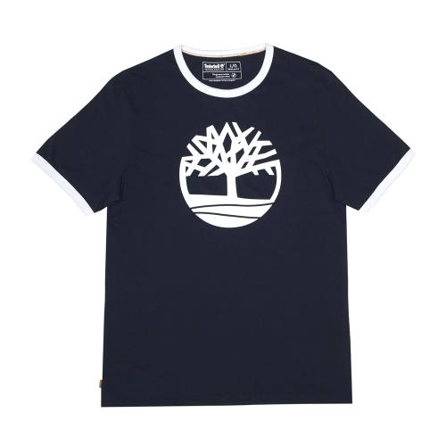 Timberland 男款寶石藍品牌LOGO有機棉撞色短袖圓頂T恤A2EUW433