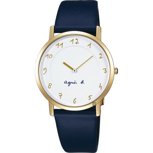 agnes b. 法國時尚簡約手錶-白x金框x藍/34mm 7N00-KEX0B(BG4020P1)