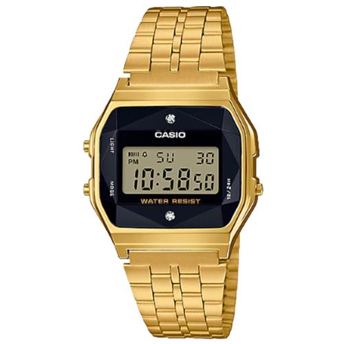 【CASIO 卡西歐】普普風格經典復古款中性錶(A159WGED-1D 黑金天然水鑽)