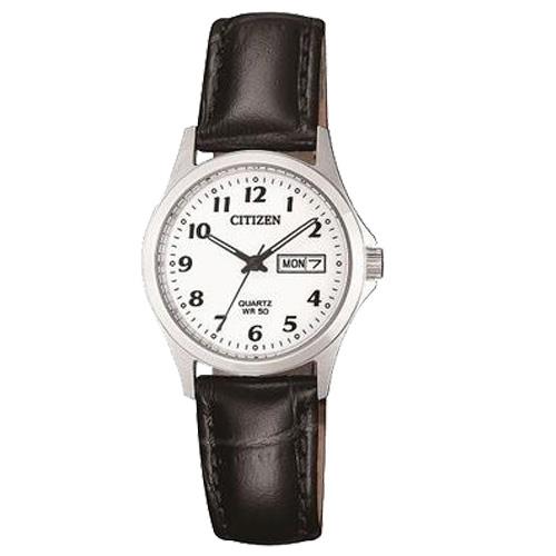 【CITIZEN 星辰】石英指針女錶 皮革錶帶 白色錶面 防水50米 日期/星期顯示(EQ2000-02A)