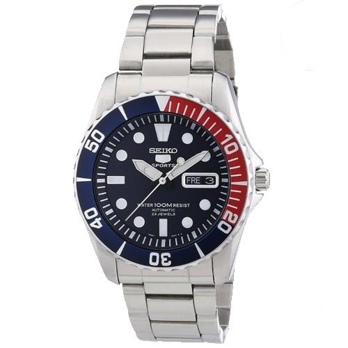 【SEIKO 精工】潛水機械男錶 不鏽鋼錶帶 藍紅 透明鏤空錶背 防水100米(SNZF15K1)