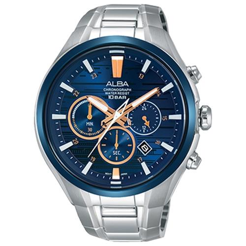 【ALBA】送禮首選 三眼計時男錶 不鏽鋼錶帶 藍 防水100米 日期顯示 分段時間(AT3C05X1)