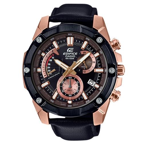 【CASIO 卡西歐】 EDIFICE 男錶 三眼計時碼錶 皮革錶帶 黑x玫瑰金 防水100米(EFR-559BGL-1A)
