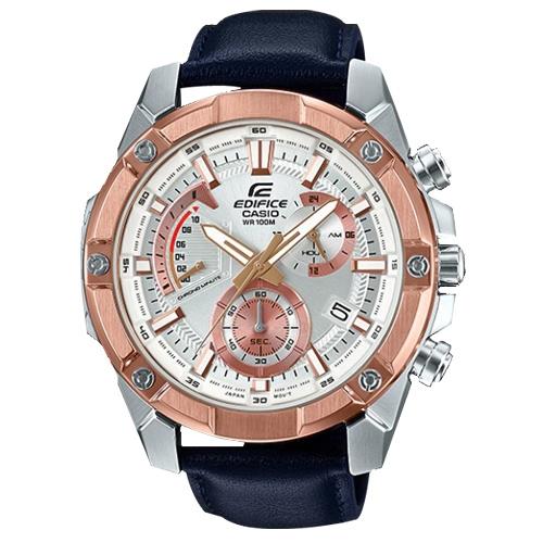 【CASIO 卡西歐】EDIFICE 男錶 三眼計時碼錶 皮革錶帶 銀x玫瑰金 防水100米(EFR-559GL-7A)