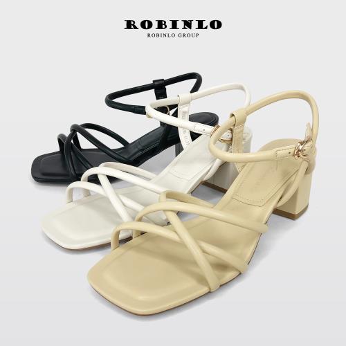 Robinlo夏日美型不對稱交叉繞帶方頭高跟涼鞋GABIE-黃色/米白色/黑色