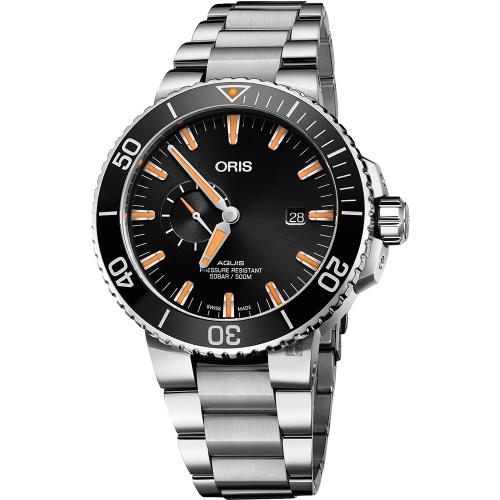 Oris豪利時 Aquis 小秒針500米專業潛水機械錶-黑x銀/45.5mm(0174377334159-0782405PEB)