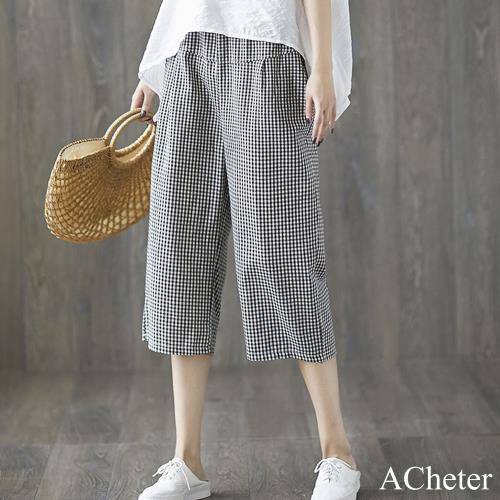 【ACheter】棉麻感鬆緊腰頭寬鬆格紋八分寬褲#102635現貨+預購j(黑白)