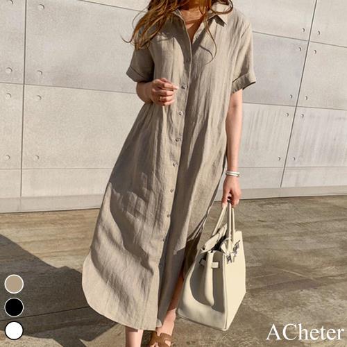 【ACheter】韓國狎鷗亭約會簡約棉麻寬鬆襯衫洋裝#109181現貨+預購(2色)