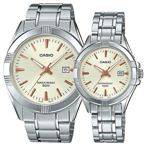 【CASIO 卡西歐】指針對錶 不鏽鋼錶帶 50米防水 礦物玻璃(MTP-1308D-9A + LTP-1308D-9A)