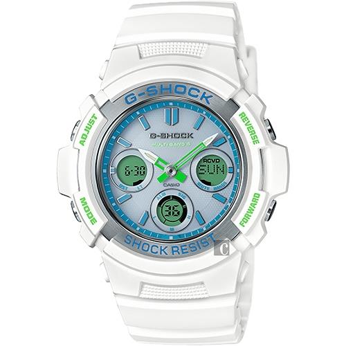 CASIO卡西歐 G-SHOCK 夏日太陽能電波手錶-湖水藍/46.4mm(AWG-M100SWG-7A)