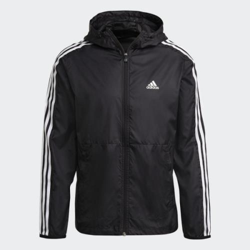 Adidas 3-STRIPES 男裝 外套 連帽 風衣 防撕裂 輕量透氣 口袋 黑【運動世界】GQ0600