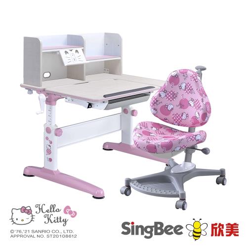 【SingBee 欣美】Hello Kitty-手搖L桌+105桌上書架+139椅(兒童書桌椅/可升降桌椅/成長桌椅組/兒童成長書桌/台灣製)