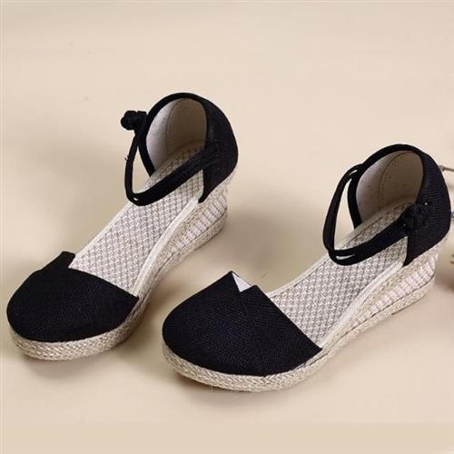 【Taroko】夏季手工亞麻編織質感圓頭坡跟涼鞋(3色可選)