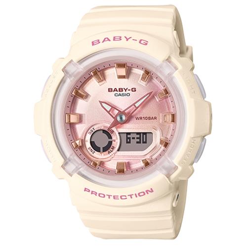 CASIO 卡西歐 Baby-G LA街頭設計 金屬光感雙顯手錶-象牙粉(BGA-280-4A2)
