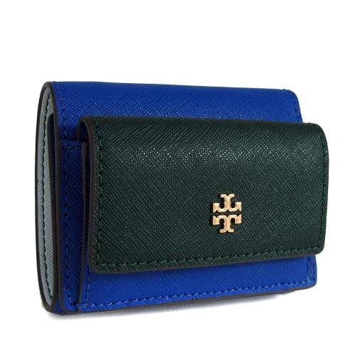 TORY BURCH 金屬LOGO防刮皮革三折式短夾(藍綠色)