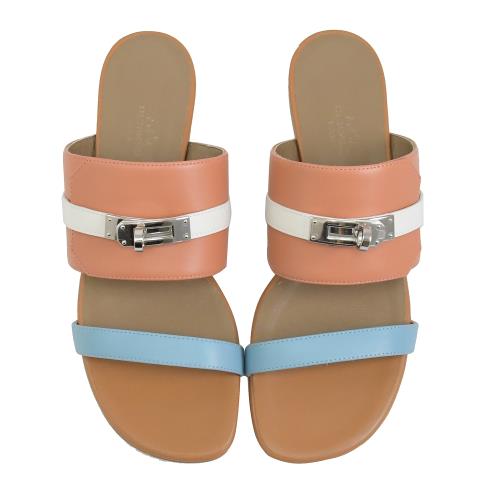 HERMES Avenue sandal 經典釦飾涼拖鞋.粉/藍 37.5號