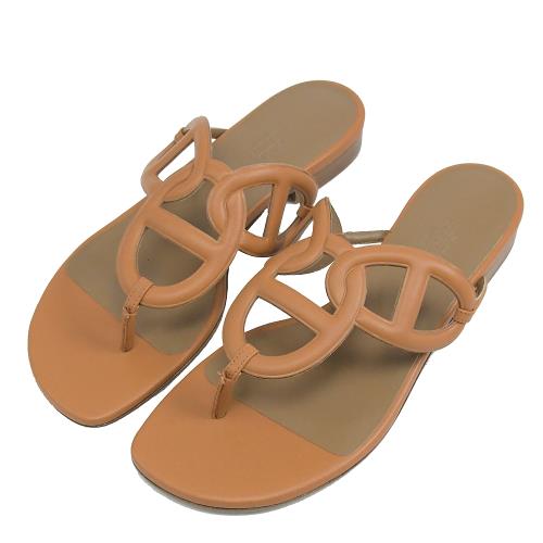 HERMES Beach sandal 鏤空沙灘夾腳拖鞋.駝 37號
