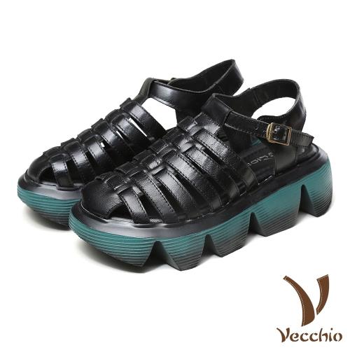 【Vecchio】編織涼鞋厚底涼鞋/真皮頭層牛皮縷空編織鬆糕厚底時尚羅馬涼鞋 黑