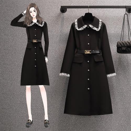 KVOLL-甜美蕾絲邊領時尚黑色腰帶氣質洋裝L-4XL