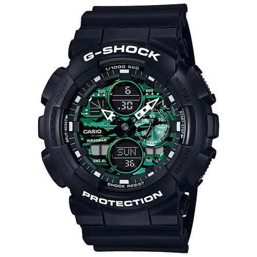 CASIO 卡西歐 G-SHOCK 暗夜時刻 午夜綠迷彩雙顯計時手錶(GA-140MG-1A)