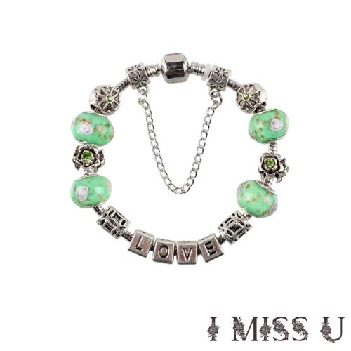 【I MISS U】歐美流行潘朵拉風格串珠手鍊 LOVE方塊綠晶