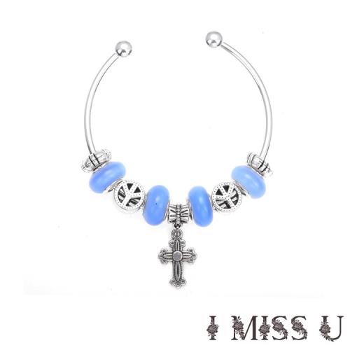 【I MISS U】歐美流行潘朵拉風格串珠手環 和平十字 水藍