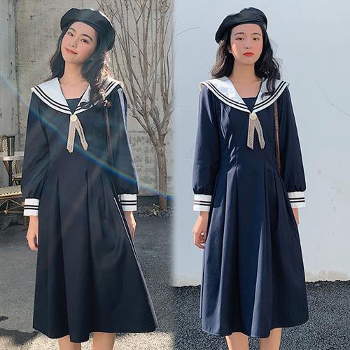 【韓國K.W】海軍風時尚水手服洋裝深藍款
