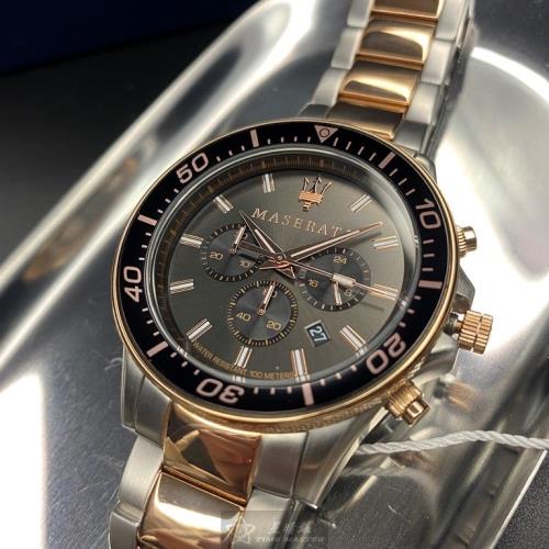 MASERATI瑪莎拉蒂男錶,編號R8873640002,44mm玫瑰金, 古銅色圓形精鋼錶殼,古銅色三眼, 運動, 可旋轉錶面,金銀相間精鋼錶帶款