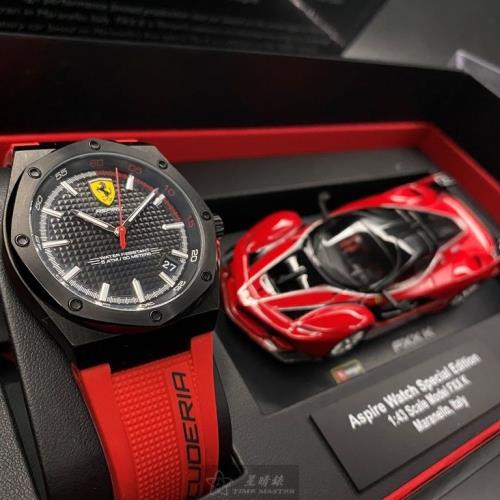 FERRARI法拉利男女通用錶,編號FE00002,42mm黑圓形, 八角形精鋼錶殼,黑色方格紋錶面,紅矽膠錶帶款