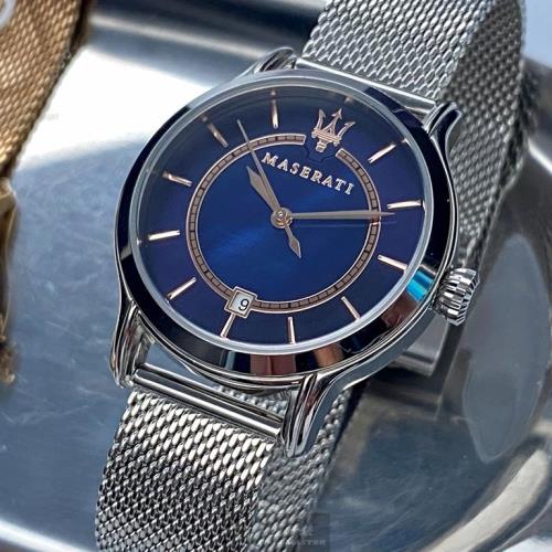 MASERATI 瑪莎拉蒂女錶 34mm 銀圓形精鋼錶殼 寶藍色貝母羅馬數字, 貝母錶面款 R8853118507