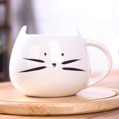 環球嚴選-貓咪陶瓷杯卡通馬克杯黑白對杯貓杯傢用喝水杯咖啡杯實用禮品 - 顏色:白色容量:301-400ml