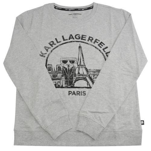 KARL LAGERFELD 卡爾 Q版老佛爺巴黎地標棉質長袖T恤.灰