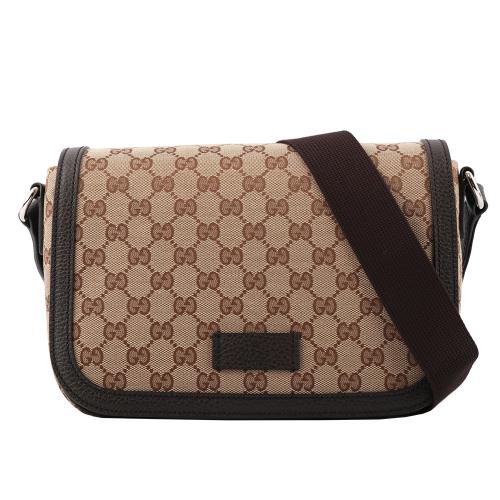 GUCCI Guccissima GG 帆布皮革飾邊郵差包 (咖啡色) 449172 KY9KN 9886