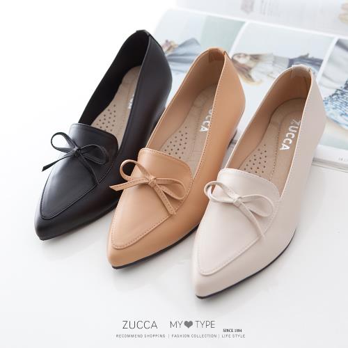 ZUCCA [z7207] 尖頭皮革朵結高跟鞋-黑色/駝色/白色