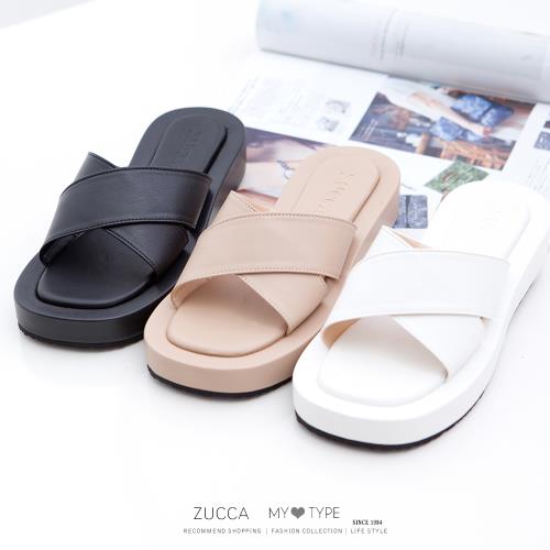 ZUCCA [z7204] 簡約皮革交叉厚底拖鞋-黑色/駝色/白色