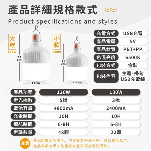 【DREAMSELECT】LED照明燈 (小款-130W) USB充電燈 戶外/萬用/緊急照明燈 擺攤/露營燈 LED燈 多檔調節燈 便攜掛燈