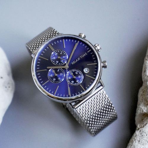 RELAX TIME 三眼計時腕錶-不鏽鋼x藍 (RT-85-2) / 40mm