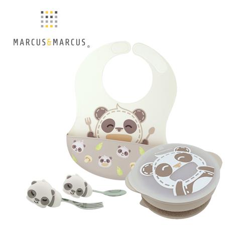 【MARCUS&MARCUS】幼兒自主學習餐具3件組-貓熊款(圍兜+手握叉匙+吸盤碗含蓋)