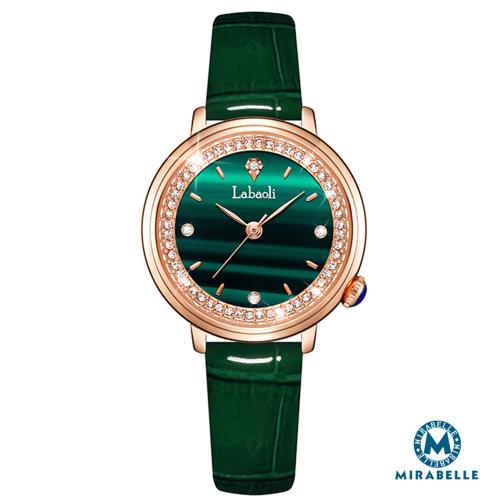 【Mirabelle】綠野迷蹤 晶鑽圓面真皮帶錶