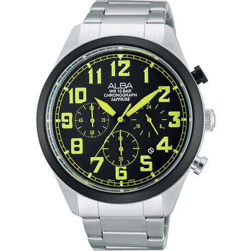 ALBA 街頭玩酷時尚三眼計時腕錶-黑x綠時標VD53-X170G 