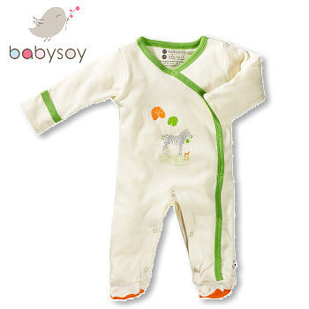 美國 Babysoy   有機棉開襟式長袖袖口反折包腳連身衣500 - 綠邊斑馬