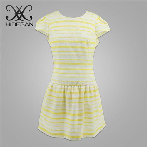 【HIDESAN海蒂山】夏日繽紛黃色直條紋洋裝