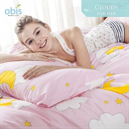 【obis】100%純棉雙人加大6X6.2尺床包兩用被組-粉紅雲朵