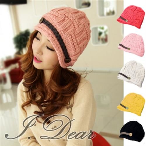【I.Dear】韓系保暖帽 編織皮帶針織保暖毛線帽(5色)
