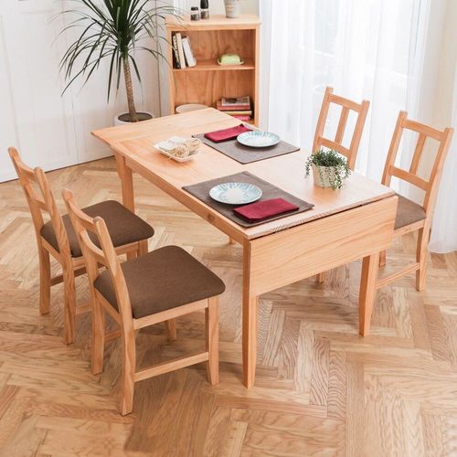 CiS自然行實木家具-雙邊延伸實木餐桌椅組一桌四椅74x166公分/柚木+咖啡椅墊