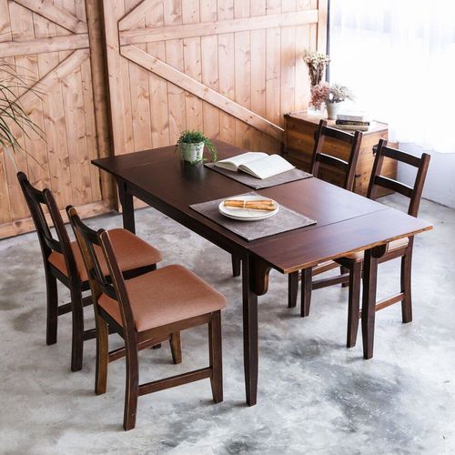 CiS自然行實木家具-雙邊延伸實木餐桌椅組一桌四椅74x166公分/焦糖+咖啡椅墊