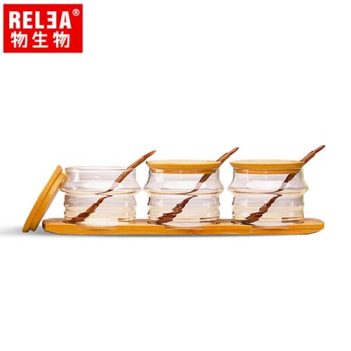 香港RELEA物生物 耐熱玻璃調味罐3件套裝組含竹蓋、木勺、竹木底盤
