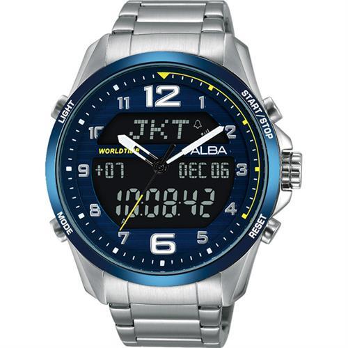 ALBA 雅柏 W兩個世界雙顯限量腕錶-藍/44mm N021-X004B(AZ4025X1)